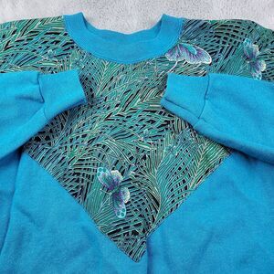 VTG Hanes Sweatshirt Womens Med‎ Blue Floral Butterfly Made USA Longsleeve Crew